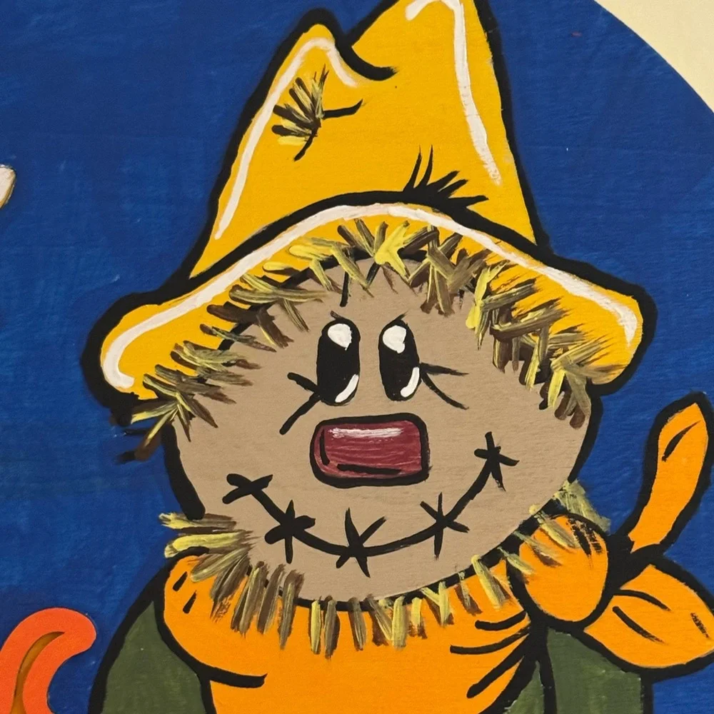 HAND CRAFTED- hand painted Autumn Scarecrow Wall Decor with Pumpkin and Leaves